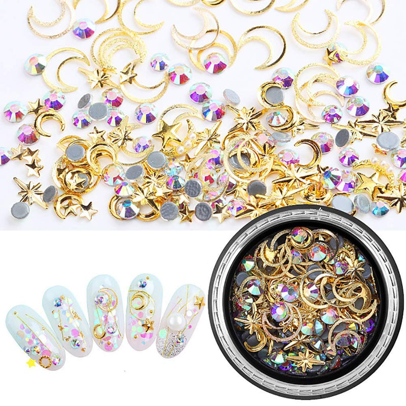 6 Boxes 3D Mix-shape Metal Nail Studs Big Gem Pearls Nail Art Rhinestone Nail Rivet Stars Moons Diamonds Jewels Decoration Kit for Women Manicure Wraps Fingernail Tips Accessories - BeesActive Australia