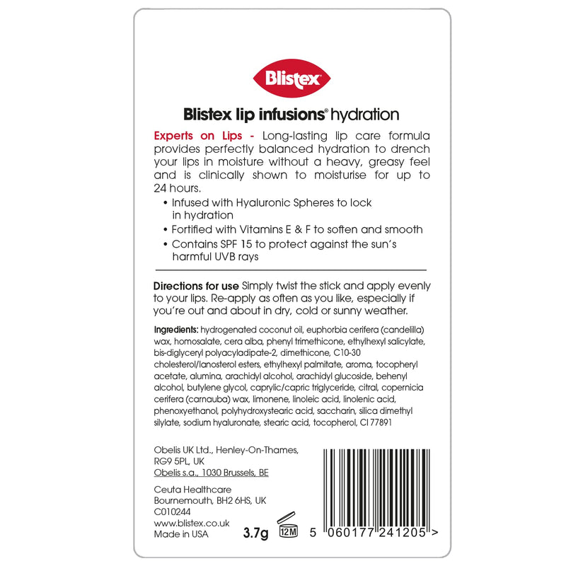 Blistex Lip Infusions Hydration Lip Balm, with Vitamin E and F, SPF15, Pack of 12 - BeesActive Australia