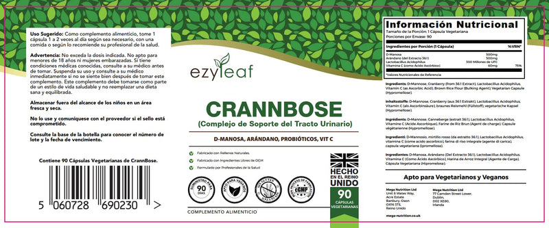Ezyleaf CrannBose D Mannose Capsules + Probiotics CrannBerry Extract Vitamin C | 90 DMannose Capsules | D-Mannose 500mg, Lactobacillus Acidophilus Probiotic | Vegan & Allergen Free | UK ISO Certified - BeesActive Australia