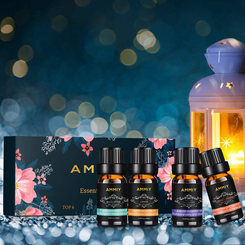 AMMIY Essential Oils Set of 6 x 10ml for Aromatherapy Bath Spa Diffuser Fragrance Relaxing Scent, Pure, Natural, Vegan Oils Including Eucalyptus, Lemon, Peppermint, Lavender, Sweet Orange, Tea Tree Black - BeesActive Australia