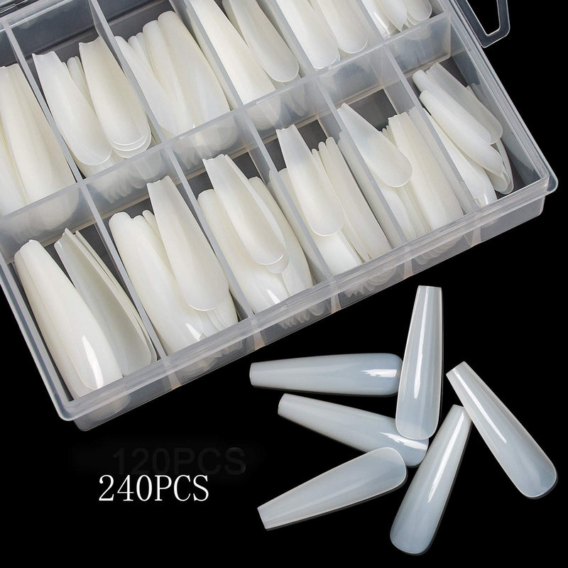 Vcedas 240PCS Extra Long Full Cover Nails XXL Coffin Tips Natural Long Ballerina False Nail Tips for DIY Finger with Box (240 Natural) 240 Natural - BeesActive Australia