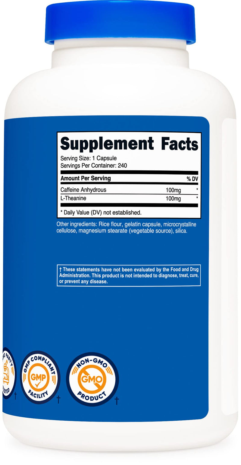 Nutricost Caffeine with L-Theanine, 100mg of Each, 240 Capsules, 240 Servings - Non-GMO and Gluten Free - BeesActive Australia