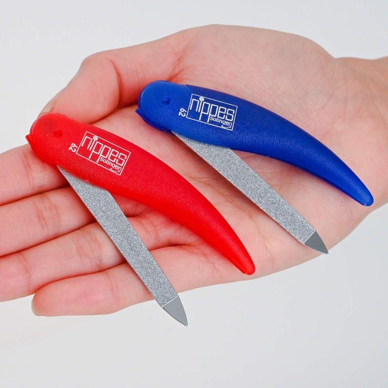 Nippes Folding Pocket Size Nail File Set with Buffers Quality Handmade in Solingen Germany Portable for Travel Pedicures Manicures Ergonomic Hand Grip Durable Metal Design Blue & Red Set [2 Pack] 2 Pack - BeesActive Australia