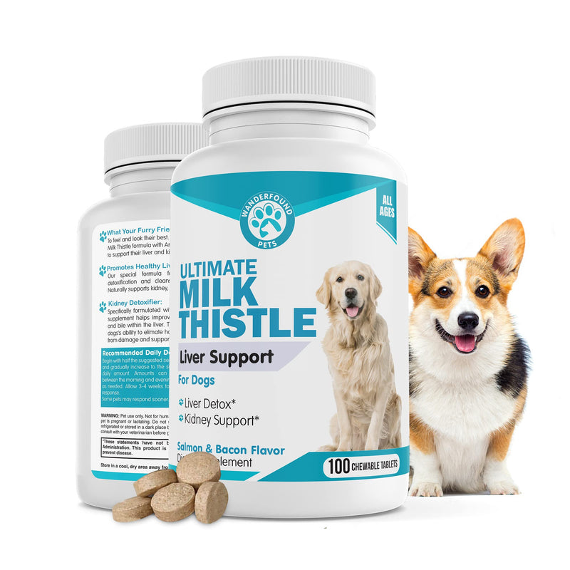 Wanderfound Pets - Milk Thistle for Dogs, Natural Liver Support for Pets, Kidney Cleanse Detox & Repair Formula, Salmon and Bacon Flavor, 100 Chewable Supplement Tablets - BeesActive Australia