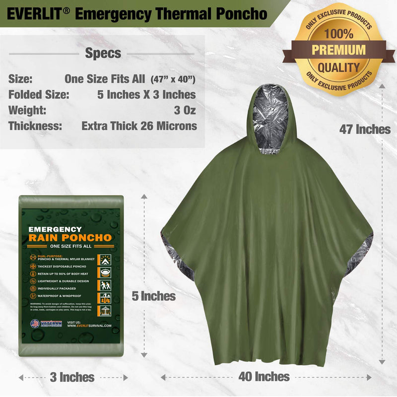 EVERLIT [4-Pack] Emergency Survival Rain Poncho Reusable Mylar Thermal Blanket Poncho All Weather Proof Outdoor Camping Gear Green - BeesActive Australia