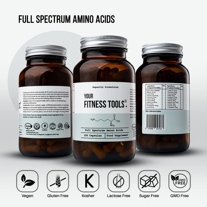 Your Fitness Tools Vegan Full Spectrum Amino Acids | 120 x Free Form Amino Acids Vegan Protein Capsule | BCAA Capsules Supports Muscle Repair, Muscle Building | Made in The UK - BeesActive Australia