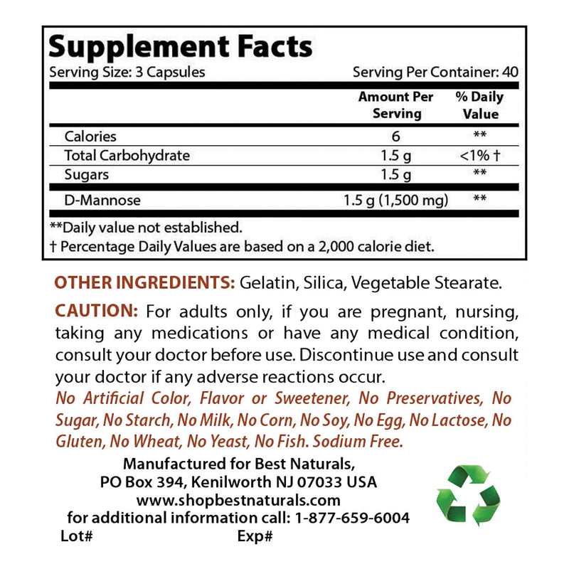 Best Naturals D-Mannose Capsules - Urinary Tract Cleanse Supplement 1500mg/Serving - 120 Count (120 Count (Pack of 1)) 120 Count (Pack of 1) - BeesActive Australia