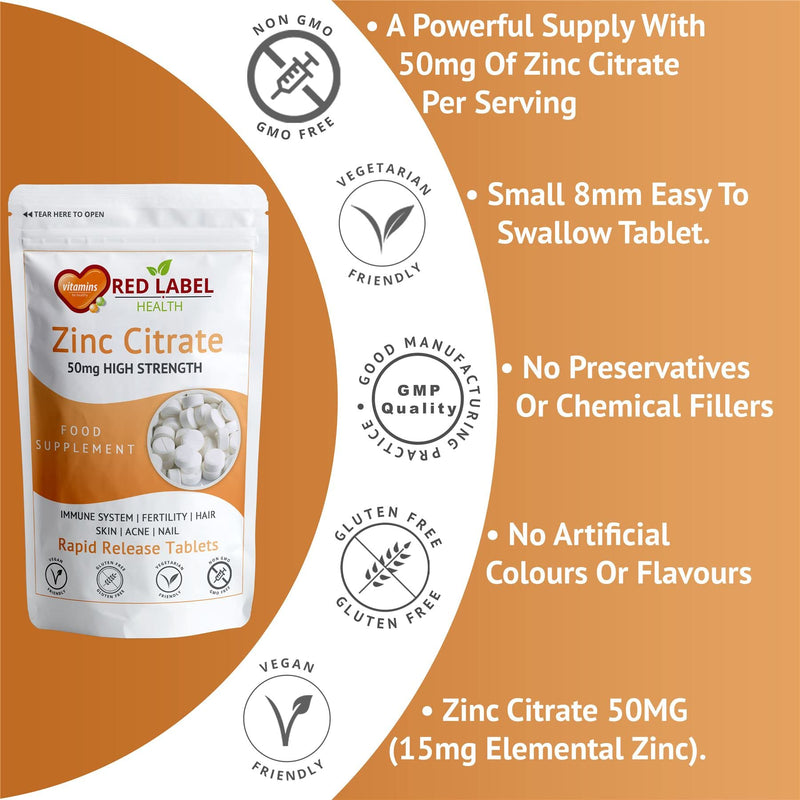 Zinc Citrate 50mg - 365 Tablets (1 Year Supply) - High Strength Supplement - Immune Function, Fertility & Healthy Bones, Vision, Hair, Nails and Skin for Men & Women | Vegan | Made in UK. 365 count (Pack of 1) - BeesActive Australia