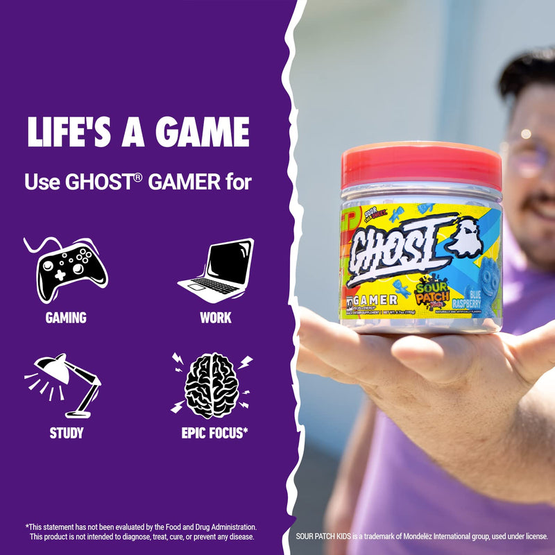 GHOST Gamer: Energy and Focus Support Formula - 40 Servings, Sour Patch Kids Blue Raspberry - Nootropics & Natural Caffeine for Attention, Accuracy & Reaction Time - Vegan, Gluten-Free - BeesActive Australia