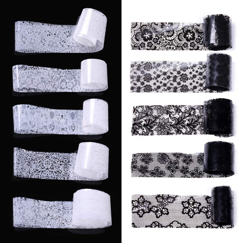 Retro Holographic Nail Foil Transfer Stickers 10Rolls Black and White Lace Laser Foils Nail Art Supplies Starry Paper Designs for Acrylic Decorations Women DIY Nail Arts Manicure Wraps Charms - BeesActive Australia