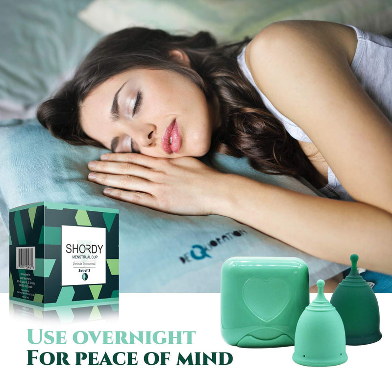 Shordy Menstrual Cups, First Period Starter Pack of 2 Kit with Mini Box, Period Cup Medical Grade Silicone, Feminine Hygiene Better Alternative to Sanitary Pads & Tampons for Girls - Small & Large S/L (Pack of 2) Green - BeesActive Australia