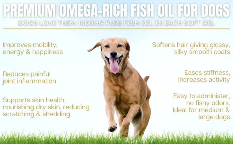 100% Pure Omega 3 Fish Oil for Dogs - Soft Gels for Skin, Coat & Joints. Reduces Scratching & Shedding. from Wild Fish - Better Source of EPA & DHA Than Salmon Oil. Ideal for Medium Large Dogs. 180 Count - BeesActive Australia