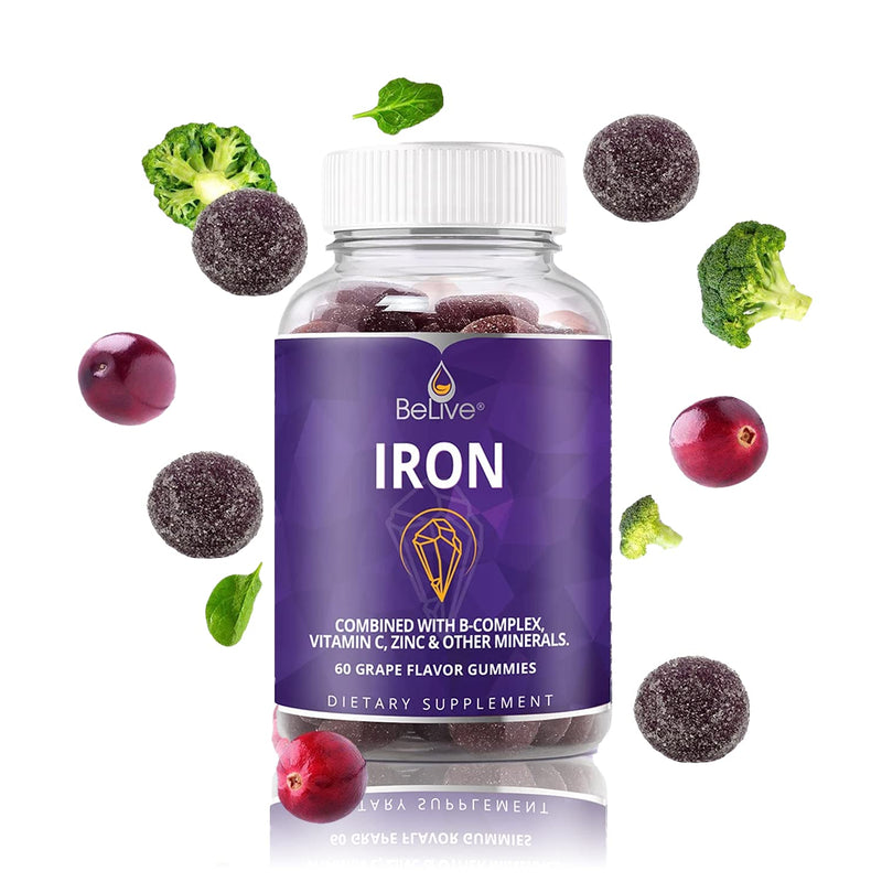 Iron Gummies Supplement with Vitamin C, A, Vitamins B Complex, Folate, Multivitamins for Women, Kids & Adults - Supports Energy, No After Taste, Vegan Supplements - Grape Flavor (60 Ct) 1 - BeesActive Australia