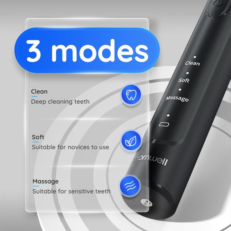 Mornwell Electric Toothbrush USB Fast Charging 3 Modes Rotary Toothbrushes Rechargeable Spin Toothbrushes with 4 Round Brush Heads for Adults & Kids Over 8 Years Old (T37 Model) Black - BeesActive Australia