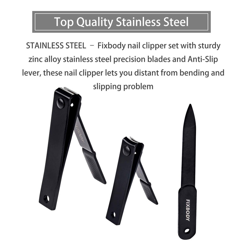 FIXBODY Nail Clipper Set – Black Stainless Steel Fingernails & Toenails Clippers & Nail File Sharp Nail Cutter with Leather Case, Set of 3 (Straight & Curved) - BeesActive Australia