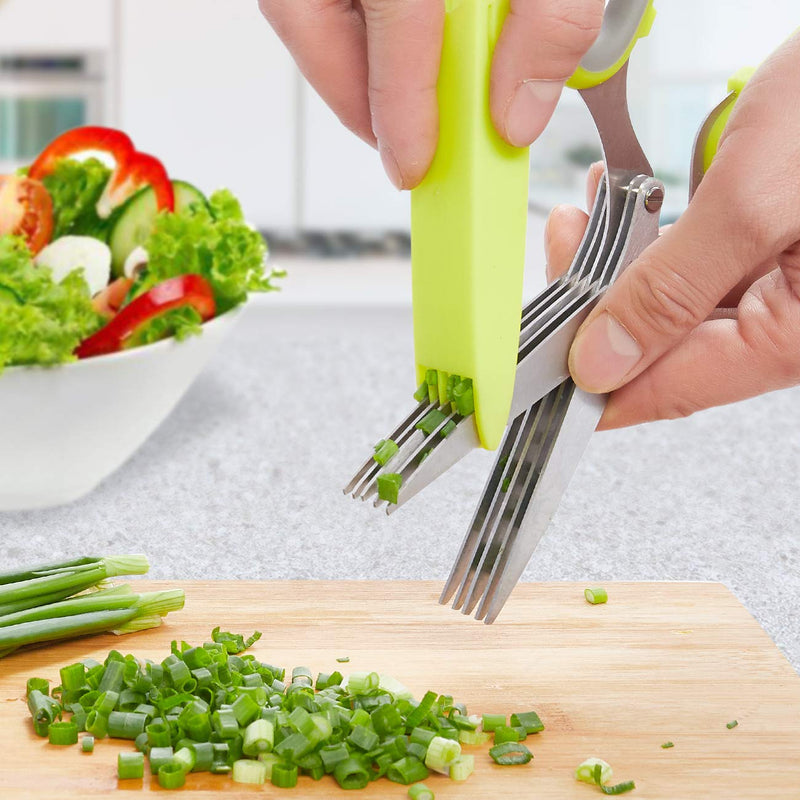 LHS Herb Scissors with 5 Multi Stainless Steel Blades and Safe Cover Kitchen Gadgets Cutter, Kitchen Chopping Shear, Mincer, Sharp Dishwasher Safe Kitchen Gadget, Culinary Cutter Green - BeesActive Australia