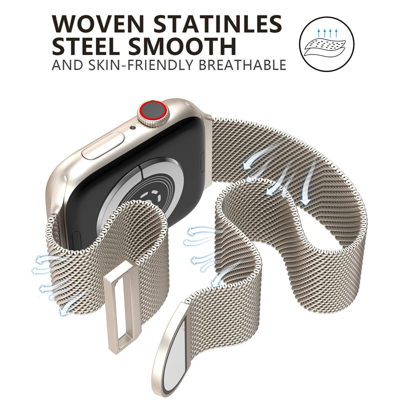 OULUOQI Compatible with Apple Watch Band 38mm 40mm 42mm 44mm Women and Men,Stainless Steel Mesh Loop Magnetic Clasp Replacement for iWatch Band Series SE 7 6 5 4 3 2 1. (Starlight, 38mm/40mm/41mm) A-Starlight - BeesActive Australia