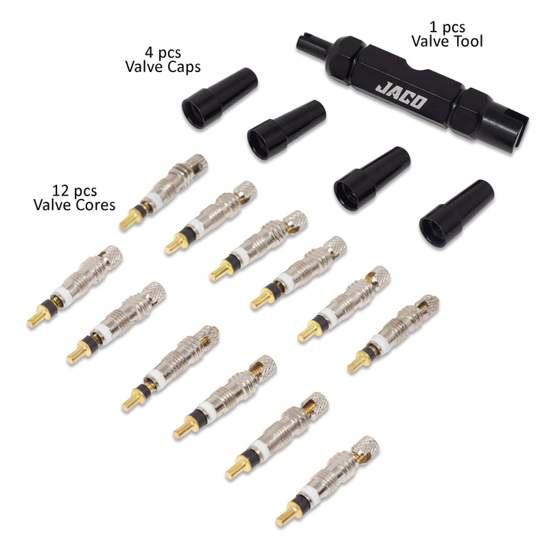 JACO Presta Valve Core Repair Kit for Bike Tires | with (12X) Replacement Valve Cores, (4X) Valve Caps, and Valve Removal Tool - BeesActive Australia