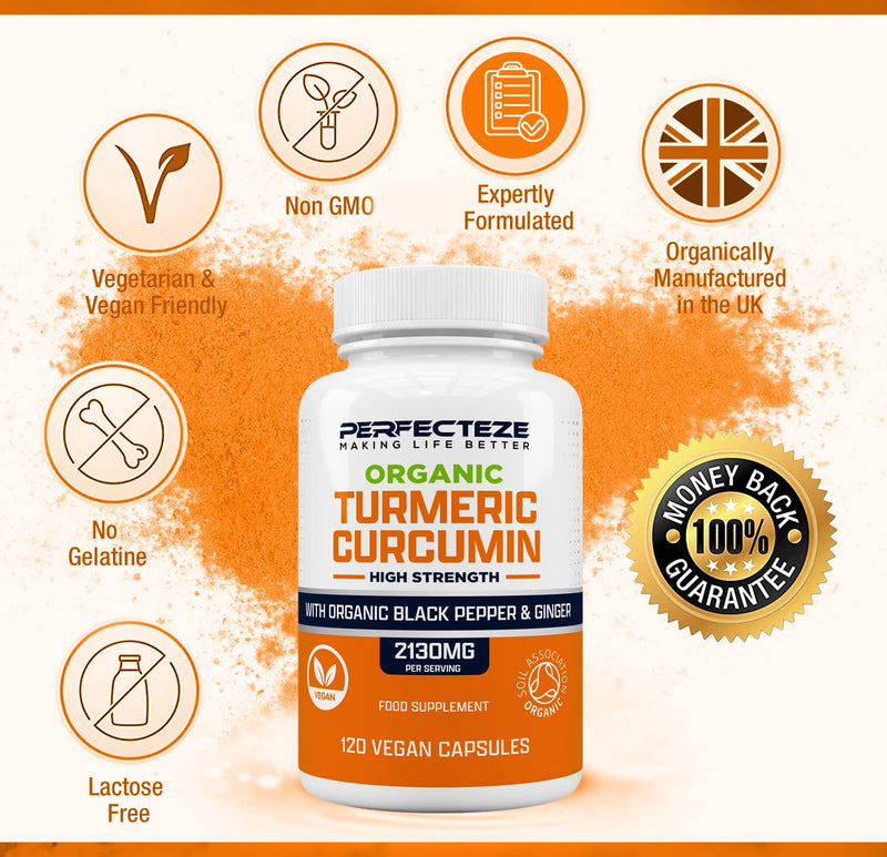 Organic Turmeric Curcumin High Strength and Black Pepper with Ginger 120 Veg Capsules 2130MG Advanced Turmeric with Active Ingredient Curcumin Organic Vegan 120 Capsules (3 Month Supply) - BeesActive Australia
