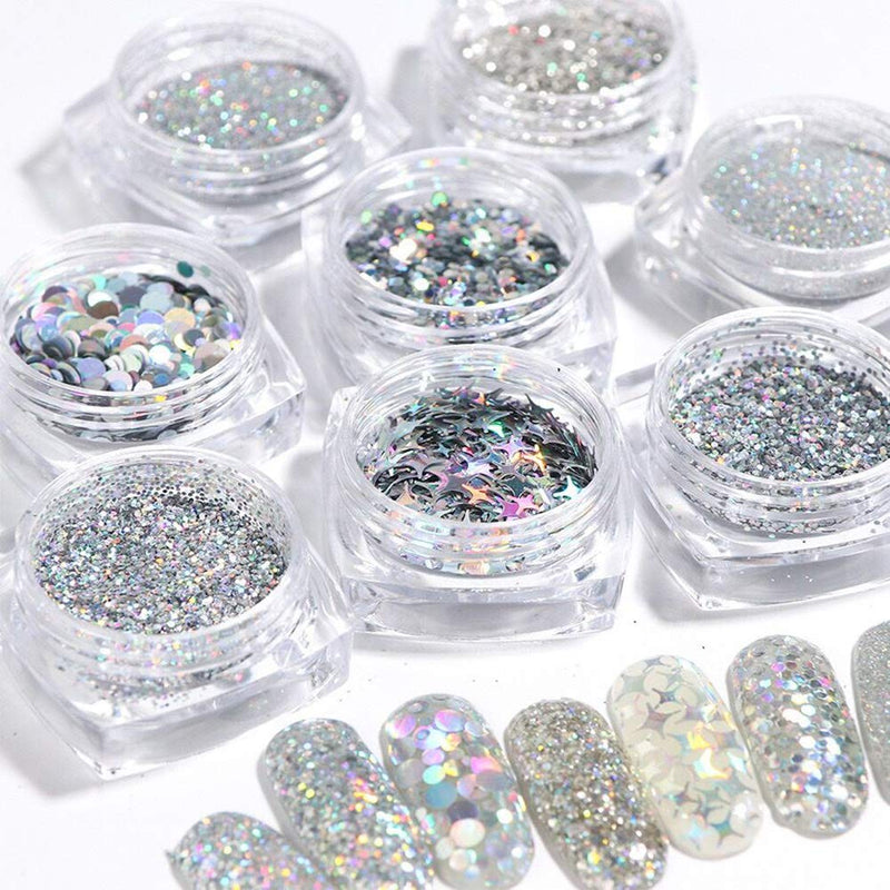 Holographic Nail Art Sequins Glitter Kits, KISSBUTY 8 Boxes Holographic Nails Powder Nail Art Sequins Metallic Shining Flakes Silver Nail Glitter Set for Nails Art Decoration Holographic Manicure - BeesActive Australia