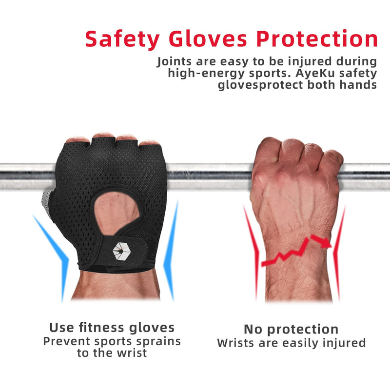 AyeKu Workout Gloves for Men & Women Gym Exercise Gloves Fingerless Gloves Full Palm Protection, Breathable & Non-Slip Gray Black Small - BeesActive Australia