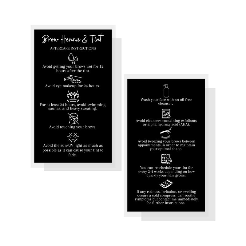 Brow Henna and Tint Aftercare Instruction Cards | 50 Pack | Physical Printed 2 x 3.5” inches Business Card Size | Starter Lift Kit with Tint at home diy supplies | Black with White Icon Design - BeesActive Australia