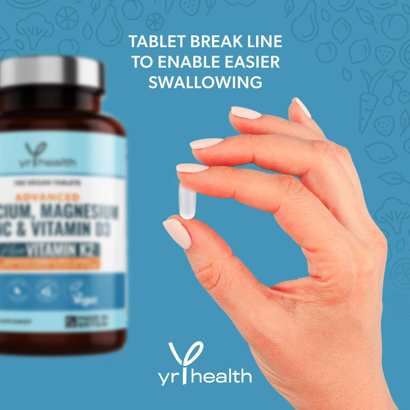 Calcium, Magnesium, Zinc and Vitamin D Plus Vitamin K2 MK-7 Tablets - Osteo Supplement - 180 Vegan Tablets not Capsules - Made in the UK by YrHealth - BeesActive Australia
