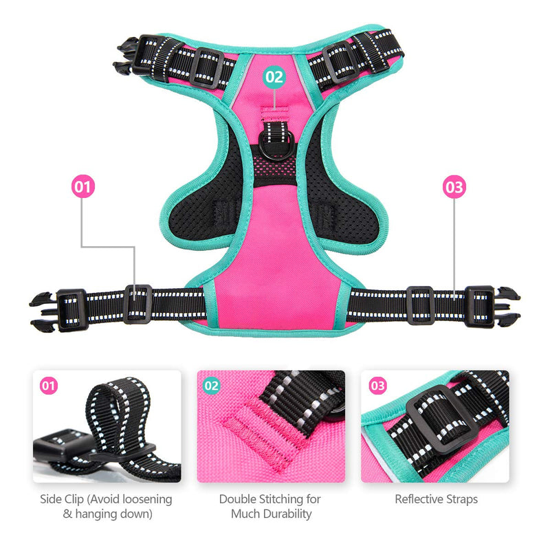 PHOEPET Upgraded No Pull Dog Harness, Reflective Adjustable Vest, with a Training Handle + 2 Metal Leash Hooks+ 3 Snap Buckles +4 Slide Buckles Pink Size: L - BeesActive Australia