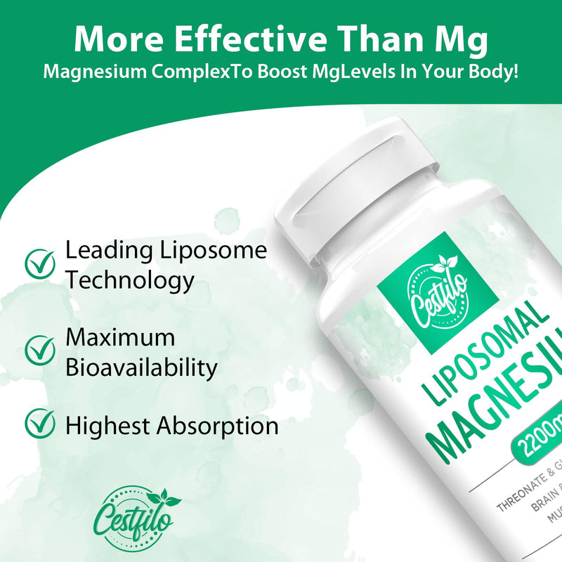 Cestfilo Liposomal Magnesium Complex 2200mg-Liposomal Complex High Potency Magnesium Threonate, Magnesium Glycinate, Magnesium Citrate, Powerful Supplement, Gluten Free, 60 softgels. 60 Softgels(pack of 1) - BeesActive Australia