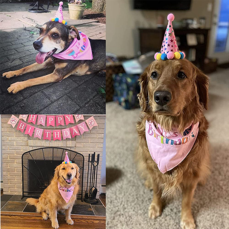 PUPTECK Dog Birthday Bandana Scarfs with Cute Doggie Birthday Party Hat Large Pink - BeesActive Australia