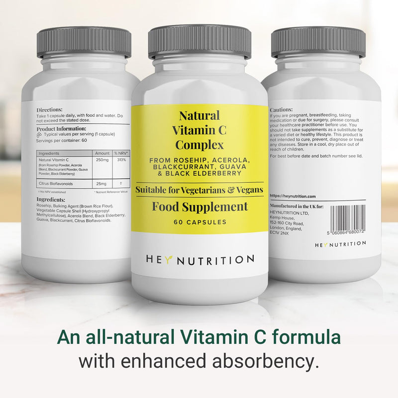Hey Nutrition Natural Vitamin C 250mg Complex from Rosehip, Acerola, Blackcurrant, Guava, and Elderberry - Immune Function, Stress, Metabolic Health, & Fatigue - Non-GMO, 60 Vegan Capsules - BeesActive Australia