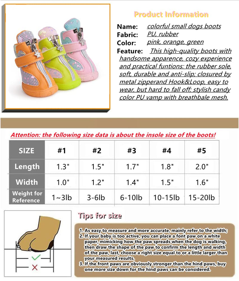 Hdwk&Hped Small Dog Boots, Breathable Mesh Summer Dog Shoes Pink Stylish PU Dog Girl Booties with Durable Non-Slip Rubber Sole Fluorescent Style - Pink #4 (10~15lb) - BeesActive Australia