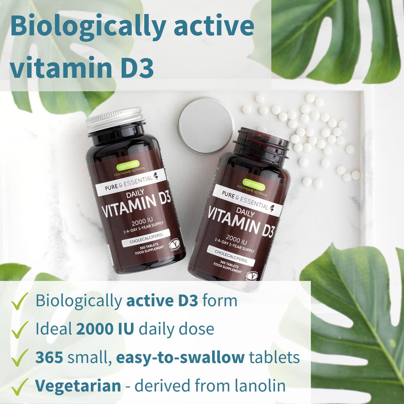 Pure & Essential Daily Vitamin D3 2000iu, 1-Year Supply, Cholecalciferol, Vegetarian, 365 Small Tablets - BeesActive Australia