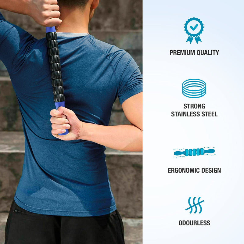 Beenax Muscle Therapy Massage Stick, 360� Tension Reduction - Ridged Gears for Trigger Points, Deep Tissue, Myofascial Release, Leg, Quads & Calf Tightness - Relieve Soreness, Cramps and Pain Blue - BeesActive Australia