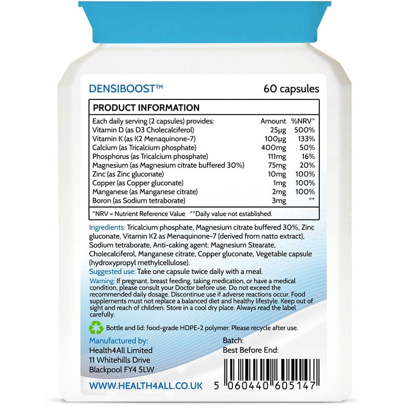 Densiboost Bone Remineralisation 60 Capsules (not Tablets) with Calcium, Magnesium, Manganese, Phosphorus, Copper, Boron, Zinc and Vitamins D3 and K2 MK-7. Made in The UK by Health4All 60 Count (Pack of 1) - BeesActive Australia