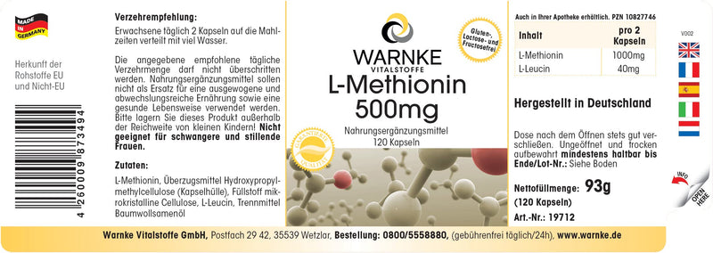 - L-Methionine 500mg - Vegan - 120 Capsules | Warnke Vitalstoffe - BeesActive Australia