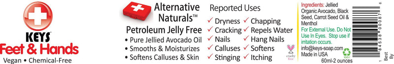 Keys Feet & Hands Chemical-Free, Gluten Free, Vegan Alternative Naturals – Super Hydrating, Soothing, Relaxing Treatment for Chapped, Cracked, Dry Skin with Pure Organic Jellied Avocado, 2 ounces - BeesActive Australia