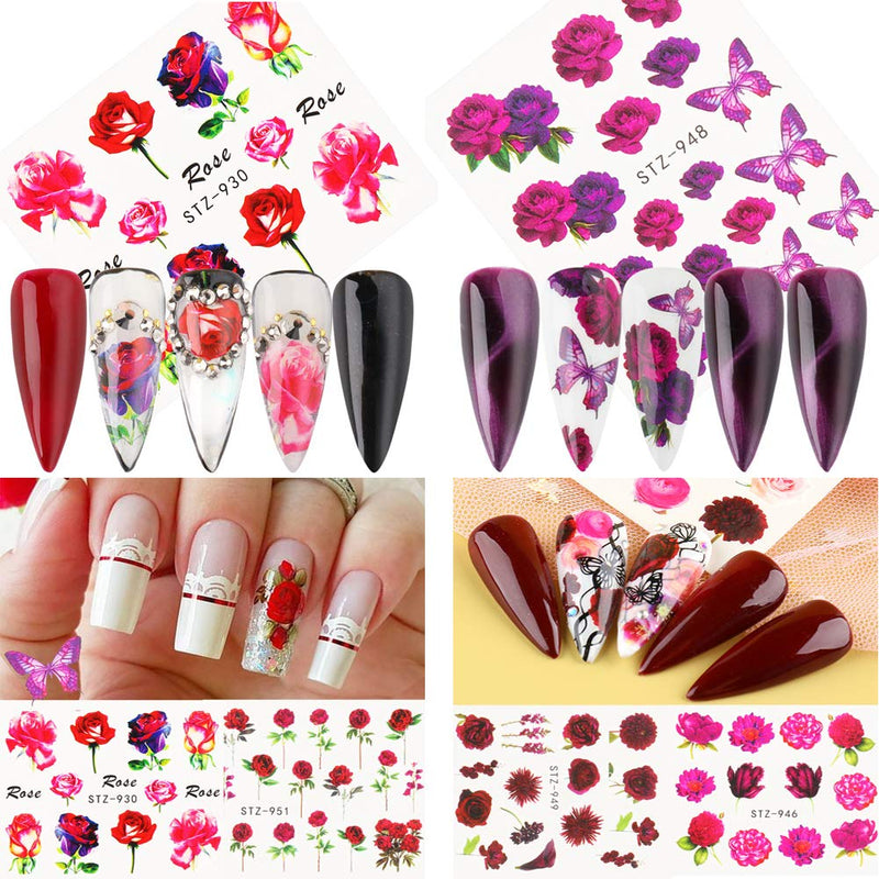 Butterfly Nail Art Sticker Decals Nails Supply Butterfly Flower Design 24 Sheets Retro Roses Flowers Water transfer Stickers for Women Fingernails Manicure Nail Art Decoration 24pcs Rose - BeesActive Australia