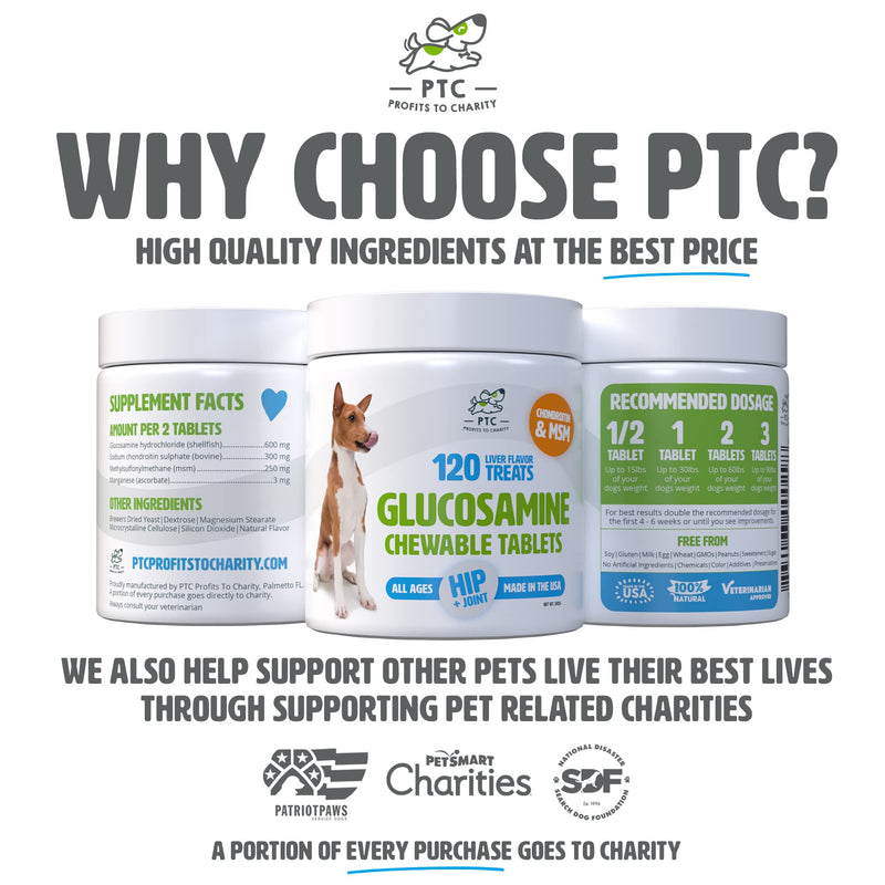 Glucosamine for Dogs with Chondroitin and MSM - Hip and Joint Supplement for Dog Mobility Support and Arthritis Pain Relief by PTC - Profits to Charity 120 Count (Pack of 1) - BeesActive Australia