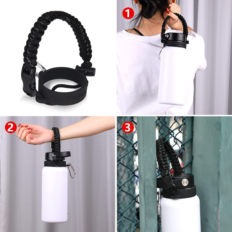 Wongeto 2.0 Paracord Handle with Shoulder Strap Compatible with Hydro Flask 2.0 Wide Mouth Water Bottle 12oz to 64oz-Water Bottle Strap Carrier for Walking,Camping,Going to School Black - BeesActive Australia