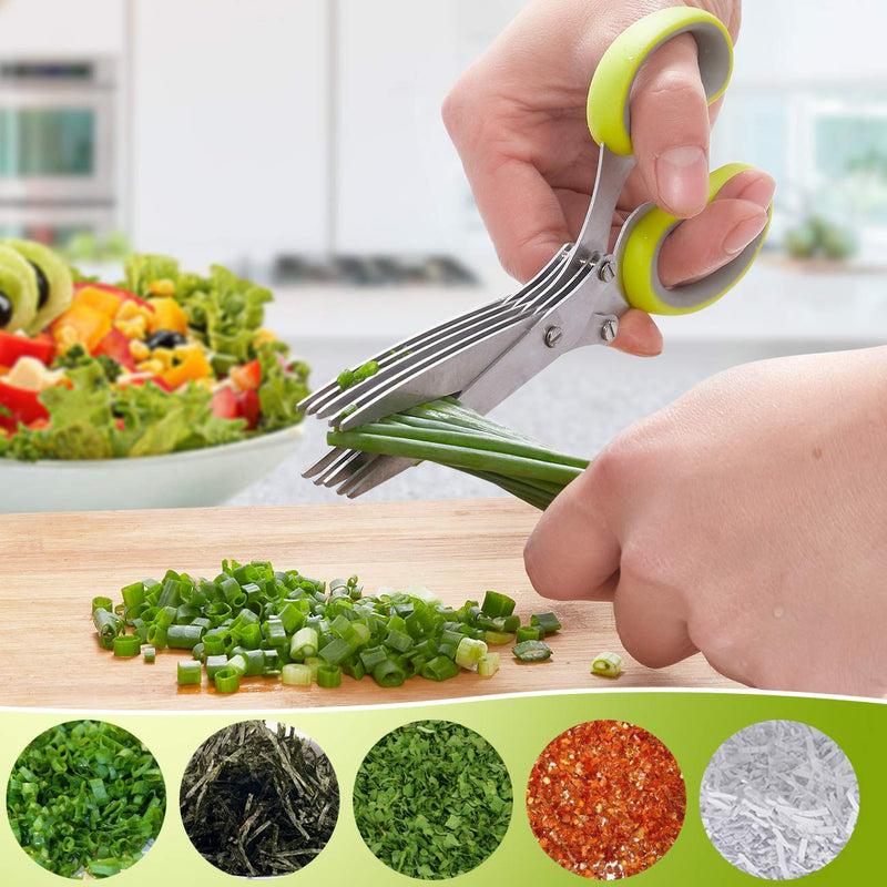LHS Herb Scissors with 5 Multi Stainless Steel Blades and Safe Cover Kitchen Gadgets Cutter, Kitchen Chopping Shear, Mincer, Sharp Dishwasher Safe Kitchen Gadget, Culinary Cutter Green - BeesActive Australia