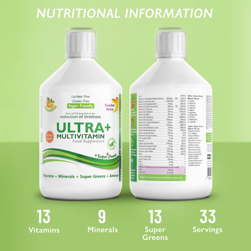 Swedish Nutra Vegan Multivitamin Liquid - Pack of 500ml, 33 Day Supply| Orange Flavour with 51 Active Ingredients| 100% Natural Flavour| High Absorption Rate| Vitamins, Minerals, Aminos & Super Greens - BeesActive Australia