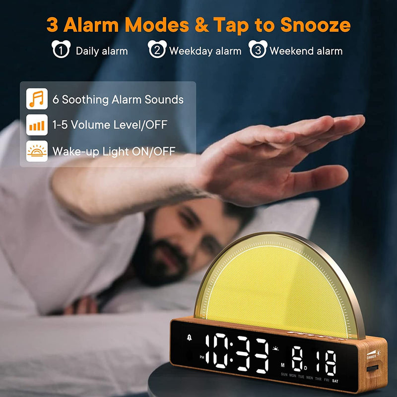 AFEXOA Sunrise Alarm Clock, Wake Up Light with Sunrise Simulation, White Noise Machine, Touch Control Bedside Lamps Dimmable Multicolor Night Light, 10 Nature Sounds, Snooze/Timer/Temperature Display Wooden - BeesActive Australia