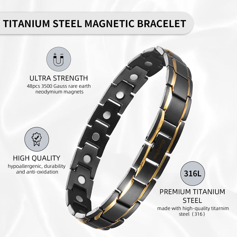 MagEnergy Magnetic Bracelets for Men Titanium Steel Black Bracelet 8.5 inches Adjustable (Gold Black) Gold Black - BeesActive Australia