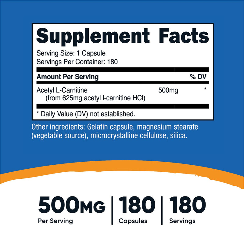 Nutricost Acetyl L-Carnitine 500mg, 180 Capsules - Non-GMO and Gluten Free - BeesActive Australia