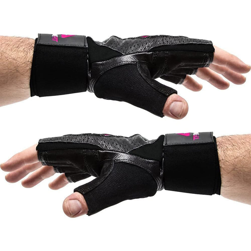 ACHIEVE FIT Weightlifting Gloves - Leather Palm for Fitness savvy Men & Women Firm Grip, Control & Comfort for Weight Lifting, Crossfit Training, Gym Workout (Pair) Large, With Wrist Support Black/Pink - BeesActive Australia
