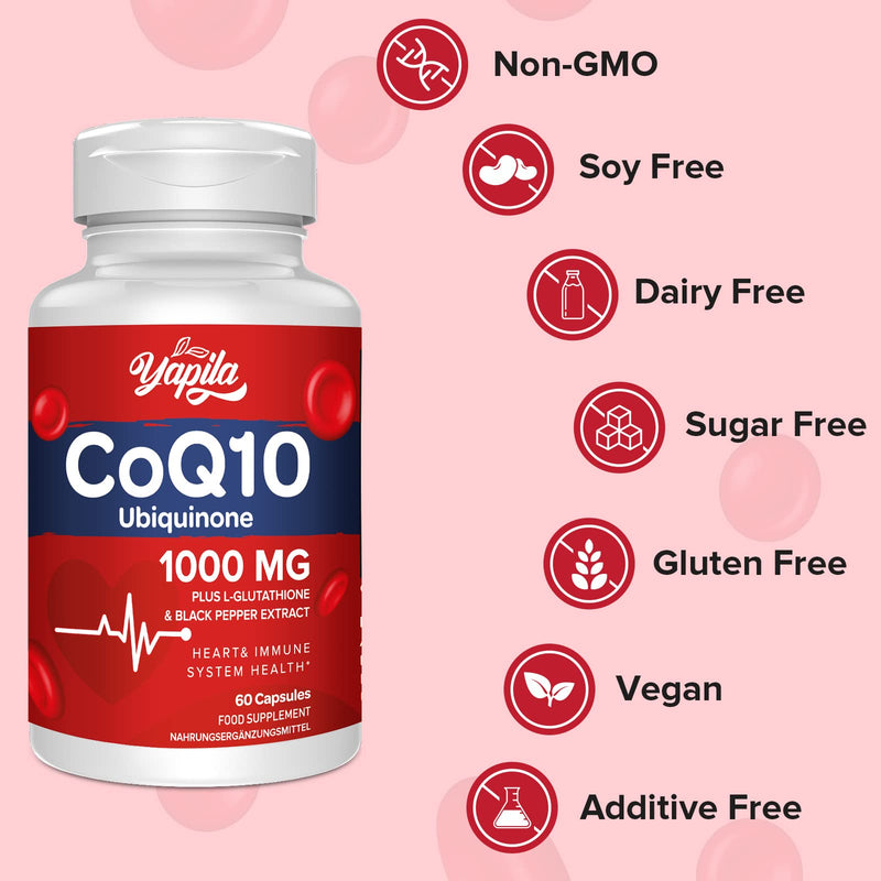 CoQ10 with L-Glutathione 1000mg Capsules - 100% Fermented Coq10 Supplement, High Absorption, Super Strength Coenzyme Q10, Antioxidant Supplements, Soy-Free, Glute-Free, Non-GMO, Vegan 60 count (Pack of 1) - BeesActive Australia