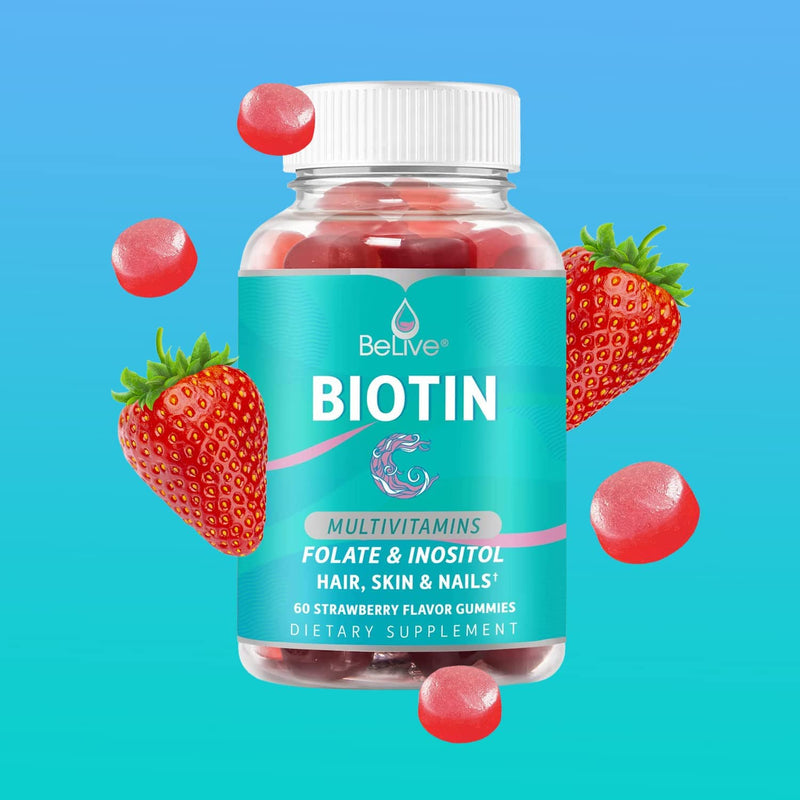 Biotin Hair Growth Vitamin Supplement Gummies with 5000mcg for Women or Men | Added Essential Multivitamins Support Skin Collagen & Nails | Vegan Friendly | Strawberry Flavour (60 Count) 1 - BeesActive Australia