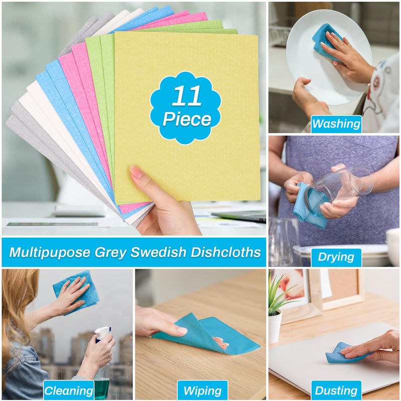 Lucomb 11 Pack Swedish Dish Cloths for Kitchen, Highly Absorbent Reusable Dishcloth Towels Cellulose Sponge Kitchen Rags for Drying Dishes Wiping Surfaces, Dishwasher Safe Multicolor - BeesActive Australia