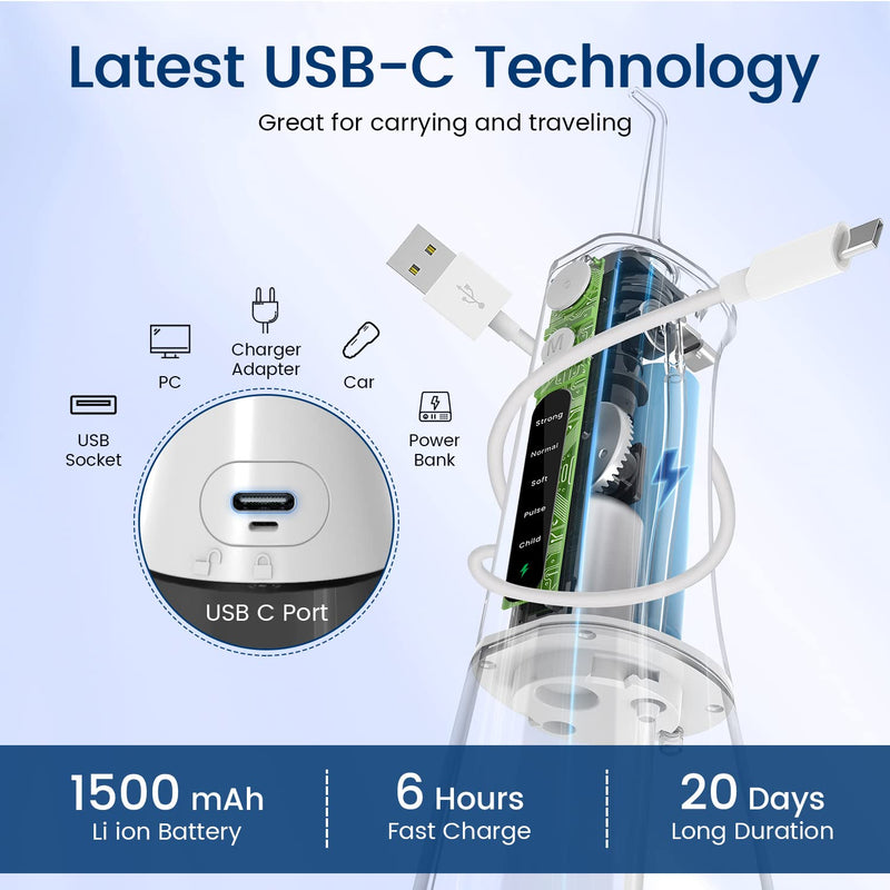 AUIEI Water Flosser for Teeth Cordless Oral Irrigator Portable Dental Teeth Cleaner 300ML 5 Modes Teeth Cleaner Picks USB Rechargeable & IPX7 Waterproof Plaque Removal Tool for Travel Home Use(White) White - BeesActive Australia